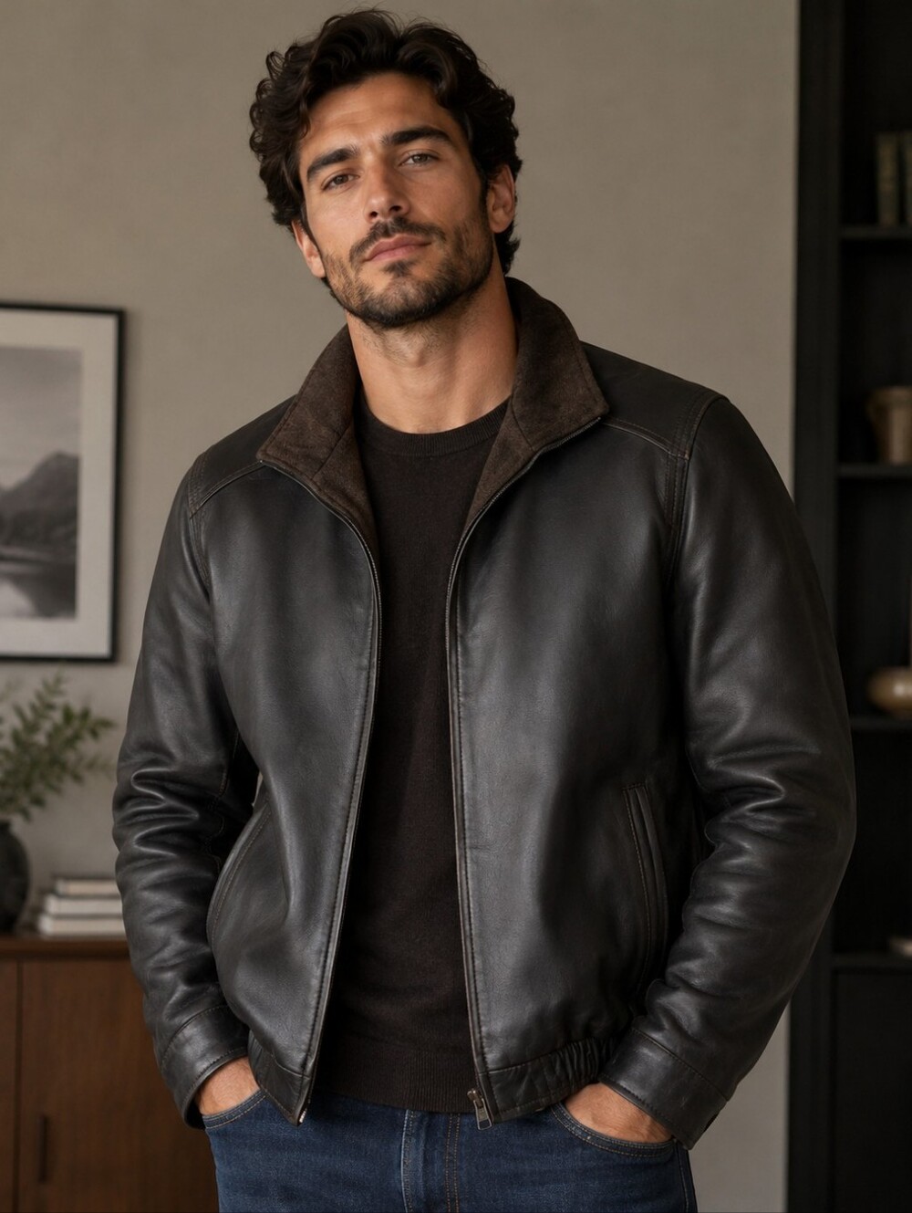 VINTAGE IZOD Genuine Leather - Wool & Polyester Lining - Bomber Jacket L Brown
